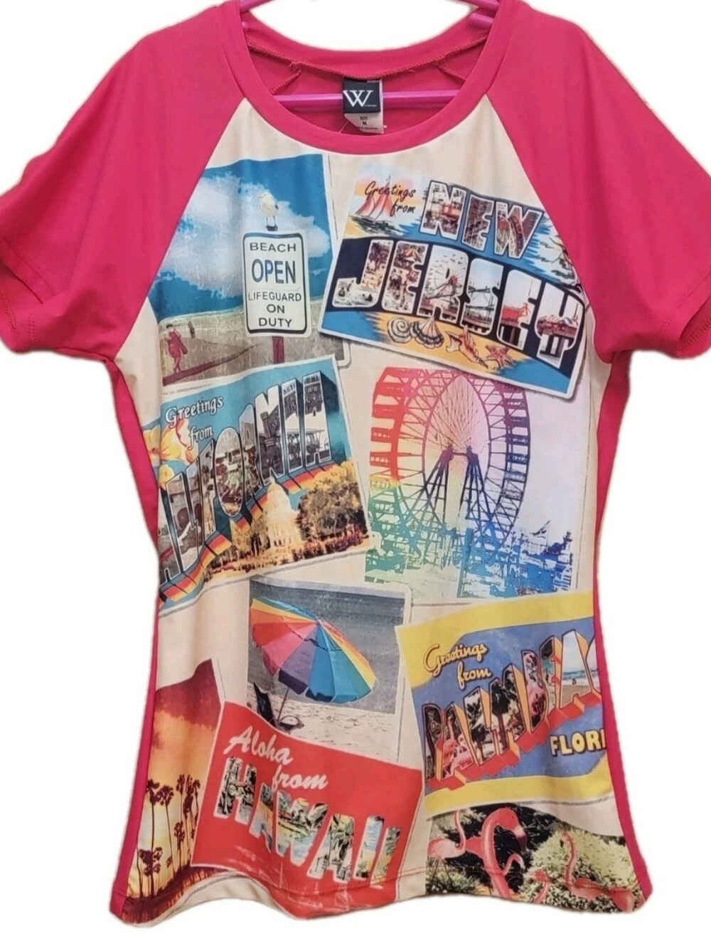 W Swim Girls Short Sleeve Rash Guard PINK Beach Postcards MEDIUM